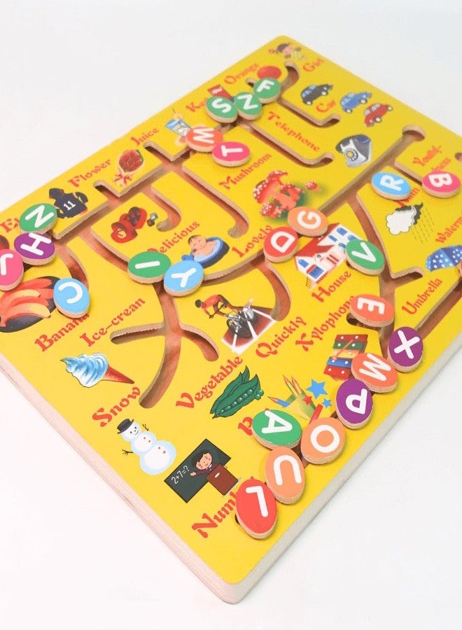 لعبة متاهة الحروف الأبجدية الخشبية للأطفال الصغار من شركة TINY TOYS CO، لوحة تعليمية لألغاز مطابقة الحروف المتحركة 26 حرفًا من الأبجدية الإنجليزية، حل المشكلات، إيجاد المسار، التعرف على الحروف الأبجدية والكلمات - متاهة الحروف الأبجدية (أصفر) - Image 1